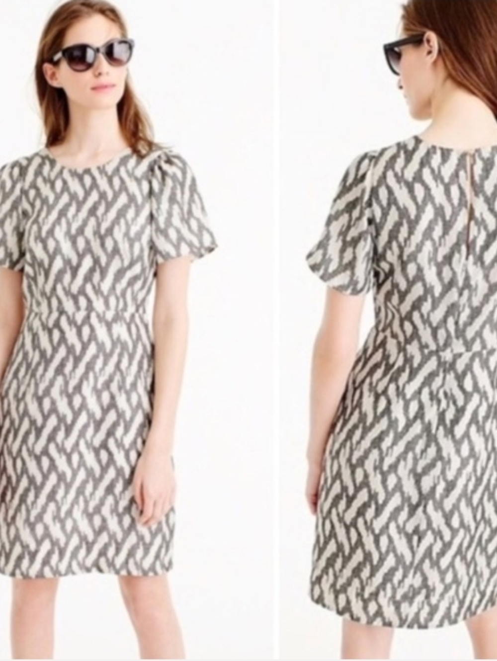 J. Crew Size 10 100% Silk Gray Cream Patterned Short Sleeve Shift Dress